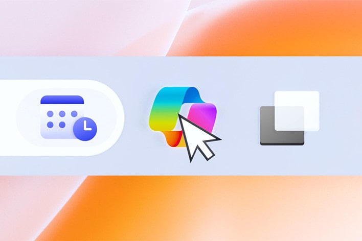 L’image présente une portion de l’interface utilisateur avec des ic?nes dans une barre des taches ou un lanceur d’applications. L’ic?ne centrale, survolée par un curseur, représente Windows Copilot — un symbole coloré indiquant une assistance alimentée par l’IA.