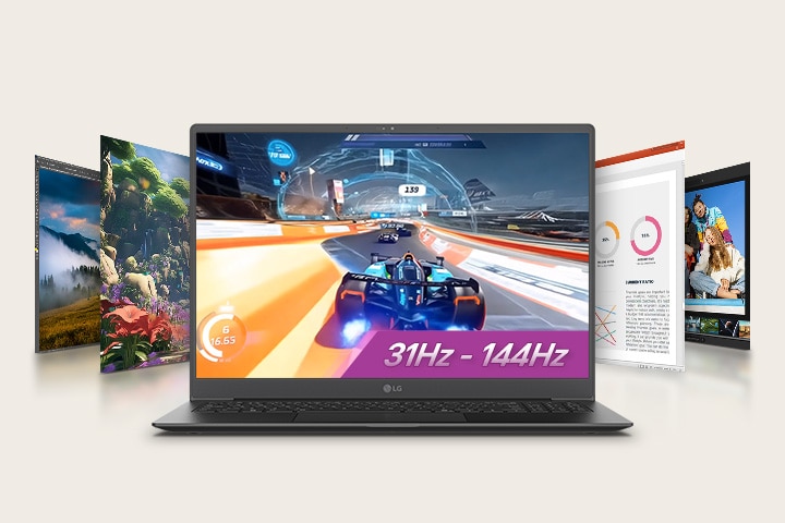 Une animation montre un ordinateur portable affichant un jeu de course automobile à l’écran, avec un texte mis en évidence : ??31 Hz - 144 Hz??, entouré d’écrans supplémentaires présentant divers contenus visuels. Cette configuration met en valeur la polyvalence du moniteur pour le jeu et le multimédia, grace à un taux de rafra?chissement variable.