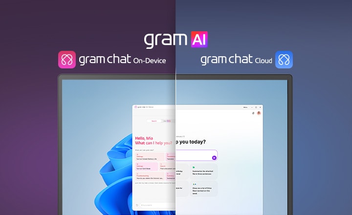 Une image en écran partagé illustrant ? gram AI ? avec deux modes distincts : ? gram chat On-Device ? à gauche, représenté par une ic?ne rose, et ? gram chat Cloud ? à droite, représenté par une ic?ne bleue. L’écran affiche une interface d’AI, symbolisant une fonctionnalité d’IA fluide et optimisée sur les deux modes.