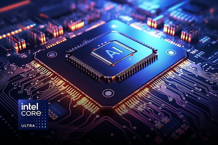 Plan rapproché d'un processeur Intel Core Ultra avec un symbole d'AI sur la puce, entouré de circuits lumineux, avec le logo Intel Core Ultra dans le coin.