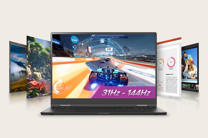 Une animation montre un ordinateur portable affichant une scène de jeu de course automobile sur son écran, avec un texte mis en évidence '31Hz - 144Hz', entouré d'écrans supplémentaires présentant des visuels divers. Cette configuration met en valeur la polyvalence en matière de jeux et de multimédia avec un taux de rafra?chissement variable.