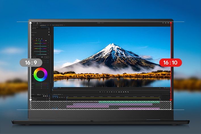 Un ordinateur portable affichant une interface de montage vidéo avec un paysage montagneux époustouflant à l'écran. Une animation mettant en évidence la transition d'un format 16:9 à un format 16:10, soulignant l'espace de travail vertical élargi offert par le ratio 16:10.