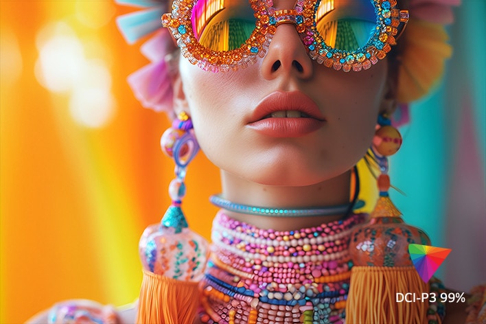 Un gros plan vibrant d'une personne portant des accessoires colorés et des lunettes de soleil réfléchissantes, mettant en valeur des couleurs vives et réalistes. L'image met en évidence la gamme de couleurs DCI-P3 99%, soulignant la reproduction fidèle et riche des couleurs.