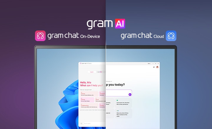 Une image en écran partagé mettant en avant ? gram AI ? avec deux modes distincts : ? gram chat On-Device ? à gauche, représenté par une ic?ne rose, et ? gram chat Cloud ? à droite, représenté par une ic?ne bleue. L’écran affiche une interface IA, illustrant une expérience fluide et optimisée de l’intelligence artificielle à travers les deux modes.