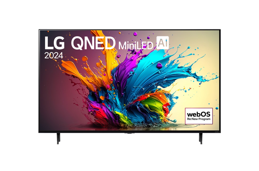 Vue avant du téléviseur intelligent 4K LG QNED MiniLED AI QNED90 de 65 pouces 2024 modèle 65QNED90TUA, affichant le logo du programme webOS Re:New à l’écran avec socle à 2 p?les.