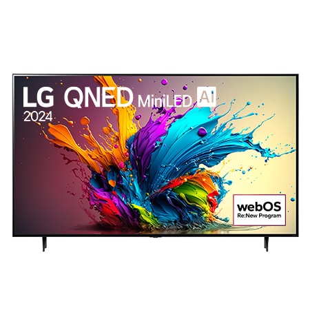 Vue avant du téléviseur intelligent 4K LG QNED MiniLED AI QNED90 de 75 pouces 2024 modèle 75QNED90TUA, affichant le logo du programme webOS Re:New à l’écran avec socle à 2 p?les.