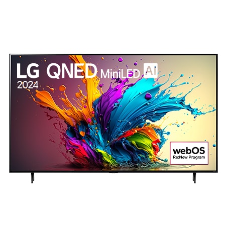 Vue avant du téléviseur intelligent 4K LG QNED MiniLED AI QNED90 de 86 pouces 2024 modèle 86QNED90TUA, affichant le logo du programme webOS Re:New à l’écran avec socle à 2 p?les.