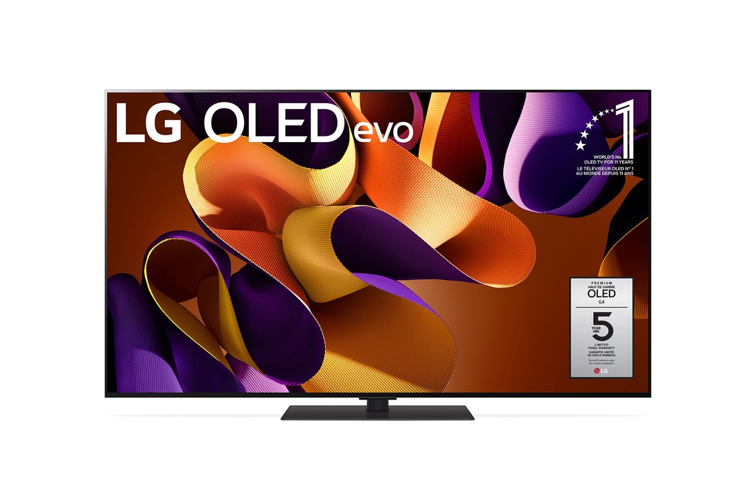 Vue de face du téléviseur OLED evo de LG, OLED G4, emblème de la marque de téléviseurs?OLED la plus populaire au monde depuis 11?ans et logo de la garantie de cinq ans du panneau affichés à l'écran