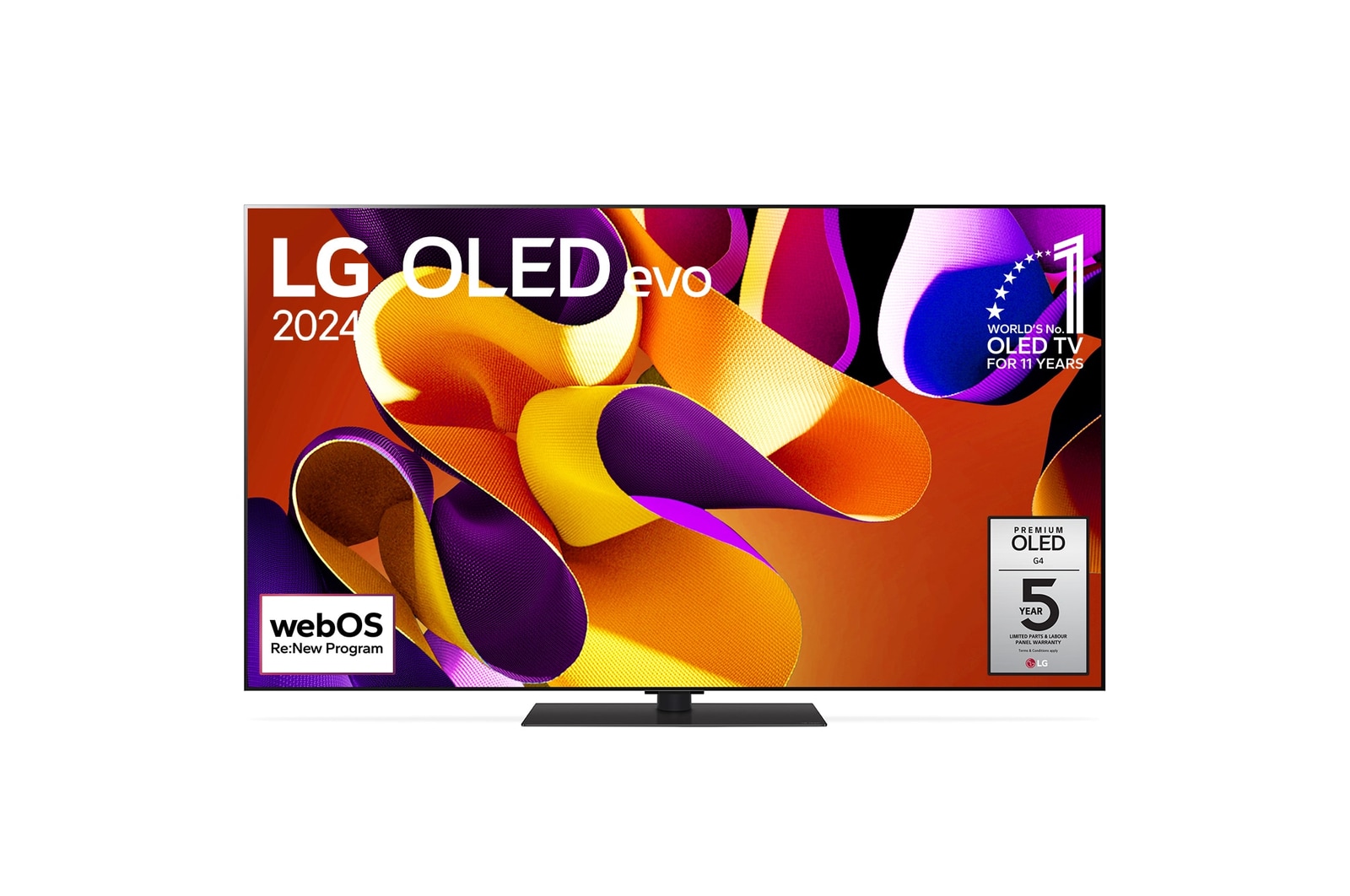 Vue de face du téléviseur OLED evo de LG, OLED G4, emblème de la marque de téléviseurs?OLED la plus populaire au monde depuis 11?ans et logo de la garantie de cinq ans du panneau affichés à l'écran