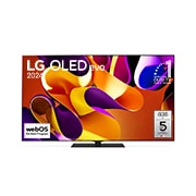 Vue de face du téléviseur OLED evo de LG, OLED G4, emblème de la marque de téléviseurs?OLED la plus populaire au monde depuis 11?ans et logo de la garantie de cinq ans du panneau affichés à l'écran