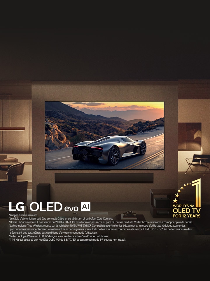 Salon élégant avec le téléviseur LG OLED evo M5 fixé au mur. LG Soundbar en dessous. La Zero Connect Box est cachée sous une table d’appoint. Aucun fil n’est visible, ce qui témoigne de la technologie True Wireless du téléviseur. L’emblème du numéro?1 des OLED TV au monde depuis 12?ans et le logo LG OLED evo AI sont visibles. 