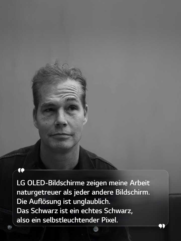 Interview von Shepard Fairey mit dem Text: ?LG OLED-Bildschirme geben meine Arbeit genauer wieder als jeder andere Bildschirm. Die Aufl?sung ist unglaublich. Das Schwarz ist ein echtes Schwarz, also ein selbstleuchtender Pixel.“ 