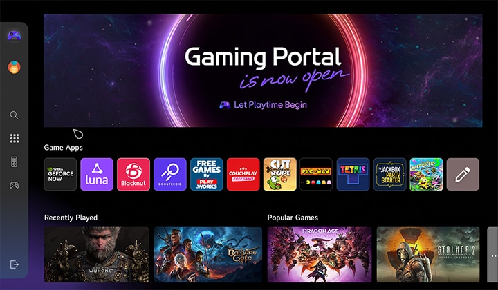 Startbildschirm von Gaming Portal. über den Cursor lassen sich verschiedene beliebte Spieletitel ausw?hlen. Au?erdem k?nnen Games nach der Art des verfügbaren Controllers?– Gamepad oder Fernbedienung?– gefiltert werden. 