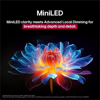 Holografische 3D-Blume in vielen verschiedenen Schattierungen und Farbt?nen vor schwarzem Hintergrund. Die Sch?rfe und Detailgenauigkeit der Blume zeigt die F?higkeit von QNED MiniLED, Bilder mit au?ergew?hnlicher Farbe und Helligkeit sowie einem hervorragenden Kontrast zu erzeugen. In der überschrift geht es darum, wie MiniLED die Klarheit verbessert und einen au?ergew?hnlichen Kontrast bietet.