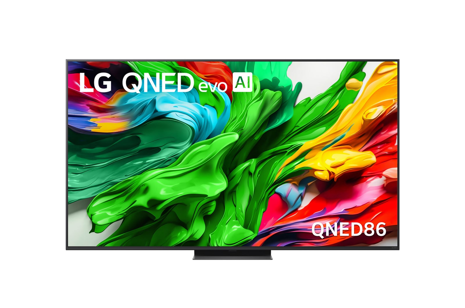 Frontansicht des LG QNED evo QNED85 TV, LG QNED evo Al Logo in der oberen Ecke. LG QNED evo QNED85 TV zeigt farbenfrohe, malerische Texturen, die zusammenkommen.