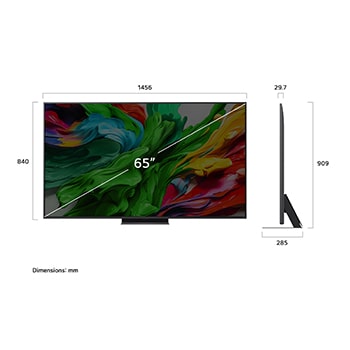 Frontansicht und Seitenansicht des LG QNED evo AI QNED85 4K Smart TV mit den Abmessungen L?nge, Breite, H?he und Tiefe.