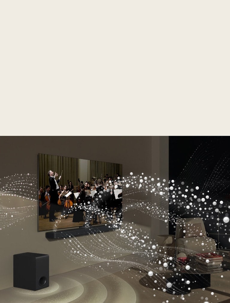 LG TV, LG Soundbar und ein Subwoofer befinden sich in einem Wohnzimmer und spielen eine Musikaufführung. Wei?e Tr?pfchen bilden Schallwellen, die von der Soundbar nach oben und vorne schie?en und vom Fernseher projiziert werden. Ein Subwoofer erzeugt einen Klangeffekt von unten.