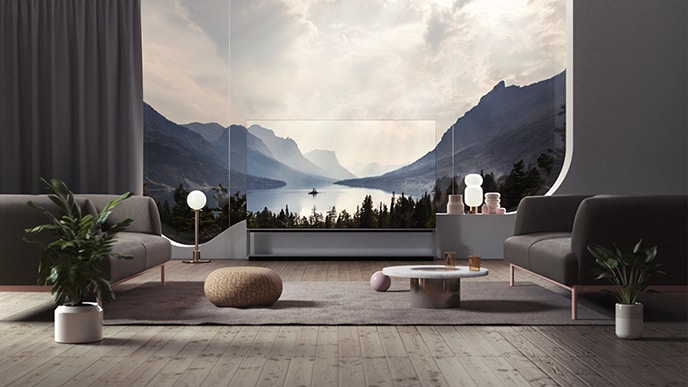 Das LG SIGNATURE OLED 8K-Fernsehger?t befindet sich im Wohnzimmer mit einer sch?nen natürlichen Szene hinter dem Fenster und auch auf dem Fernsehbildschirm.