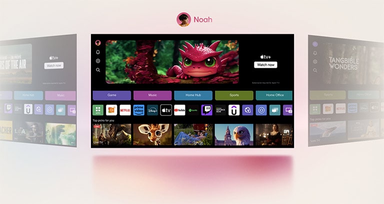 Eine Nahaufnahme eines LG TV Bildschirms mit den Schaltfl?chen Sport, Home Office, Spiel über einem Banner für Masters of the Air zoomt heraus, um zu zeigen, dass es sich bei dem Fenster um ein webOS-Homescreen-Profil für Papa handelt, und dreht sich zu einem anderen webOS-Homescreen, der ein Profil für Noah zeigt.