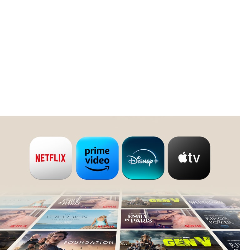 Die Netflix-, Prime Video-, Disney+- und Apple TV-App erscheinen nacheinander vor einem schwarzen Hintergrund und stehen Seite an Seite. Darunter befinden sich schr?g 6 Reihen mit Postern für exklusive TV-Serien und Filme, die sich jeweils in verschiedene horizontale und vertikale Richtungen bewegen.
