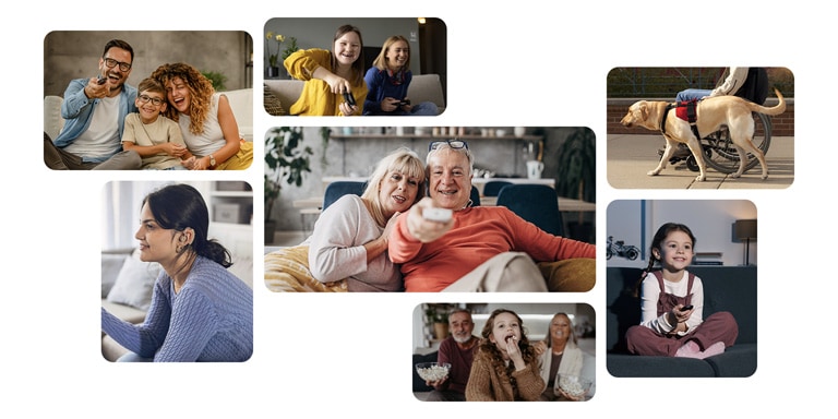 Gro?eltern, die mit einer Fernbedienung auf etwas zeigen, zoomen heraus und zeigen ein Raster mit sieben Bildern von verschiedenen Menschen und ihren Lifestyles.