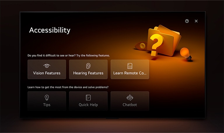 Eine Nahaufnahme eines LG-TV Bildschirms mit den Schaltfl?chen Sport, Home Office, Spiel, Musik, Accessibility, Home Hub unter einem Banner für Masters of the Air. Wenn du mit dem Cursor auf die Schaltfl?che Accessibility klickst, wird der Bildschirm mit den Accessibility-Einstellungen angezeigt.
