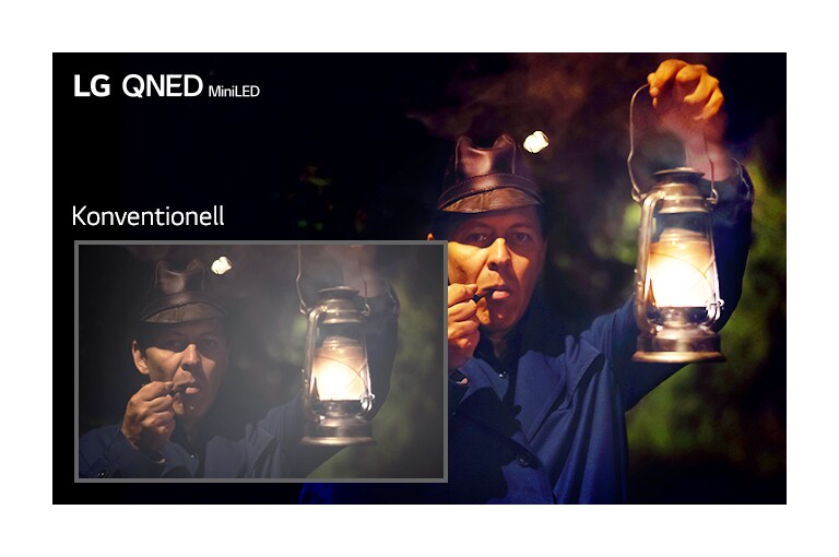 Dunkle Szene mit einem Mann, der eine Lampe h?lt. Der Ausschnitt unten links zeigt das Bild auf einem konventionellen TV mit Halo-Effekt und weniger klaren Farben, das gr?ssere, das kleinere umgebende Bild zeigt die Szene auf dem LG QNED MiniLED.