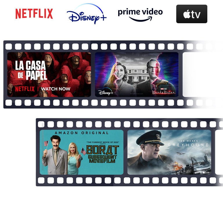 Die Logos von Netflix, Disney+, Amazon Prime Video und Apple TV sind horizontal angeordnet. Unter den Logos sind Poster von ?Borat Anschluss Moviefilm“ von Amazon Original, ?Haus des Geldes“ von Netflix, ?WandaVision“ von Disney+ und ?Greyhound – Schlacht im Atlantik“ von Apple TV ebenfalls horizontal aufgereiht.