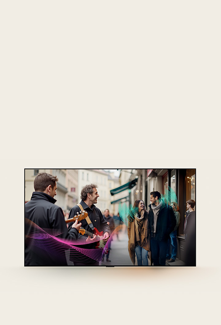 Eine belebte Stra?e mit vielen Menschen. Ein Paar geht spazieren und unterh?lt sich. Ein paar Stra?enkünstler spielen Gitarre. Von den Gitarristen und dem Paar gehen abstrakte Schallwellen aus, die zeigen, wie jedes Klangelement mit AI Object Remastering deutlich zu h?ren ist. 	