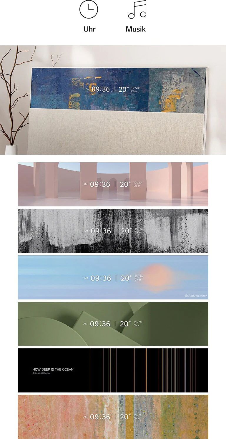 Nahansicht von ART90, an der Wand als Line View lehnend, zeigt Uhrzeit und Wetter mit einem strukturierten ?lgem?lde auf dem Bildschirm an. Line View zeigt Uhrzeit und Wetter mit pinkfarbenem Architekturthema an. Line View zeigt Uhrzeit und Wetter mit schwarz-wei?en Farbstrichen an. Line View zeigt Uhrzeit und Wetter mit Himmel an. Line View zeigt Uhrzeit und Wetter mit khakigrünem 3D-Objekt an. Line View zeigt Music Player mit Linienmuster an. Line View zeigt Uhrzeit und Wetter mit farbenfrohem Bild an.