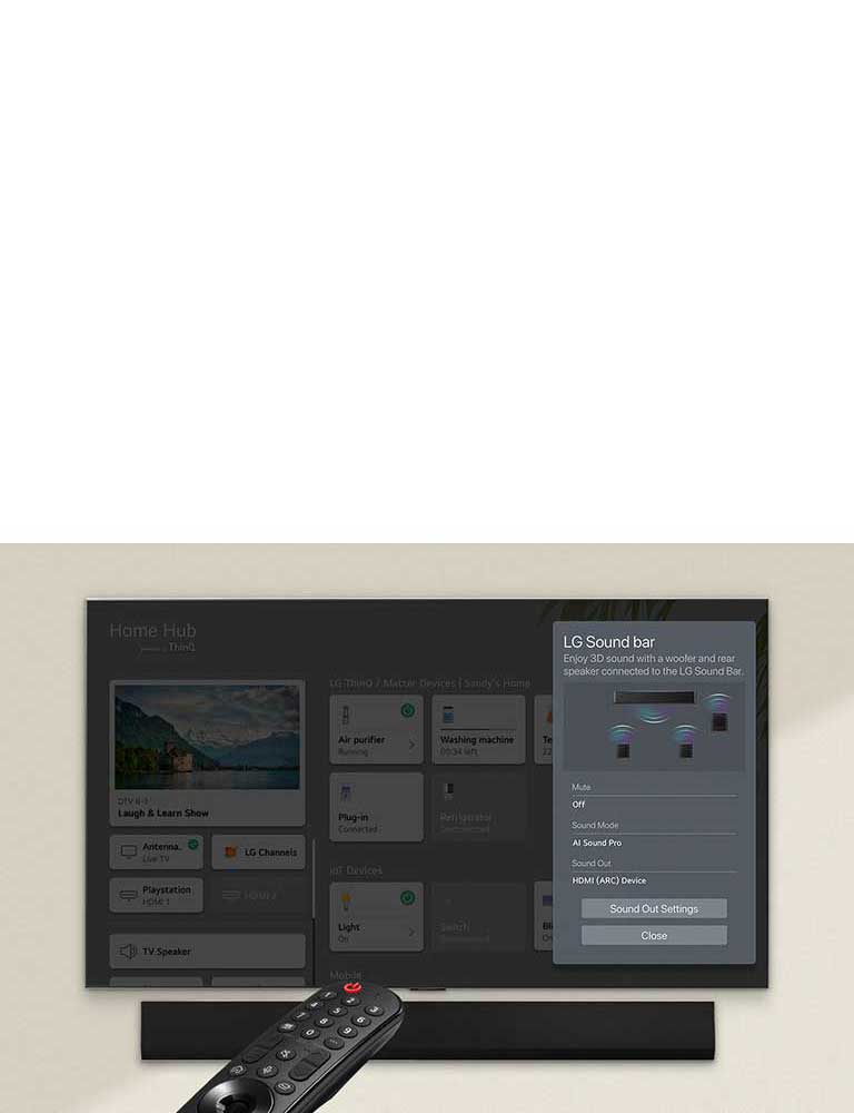 LG OLED TV und Soundbar an einer Wand montiert, mit einer weissen Wi-Fi-Symbolgrafik in der Mitte.