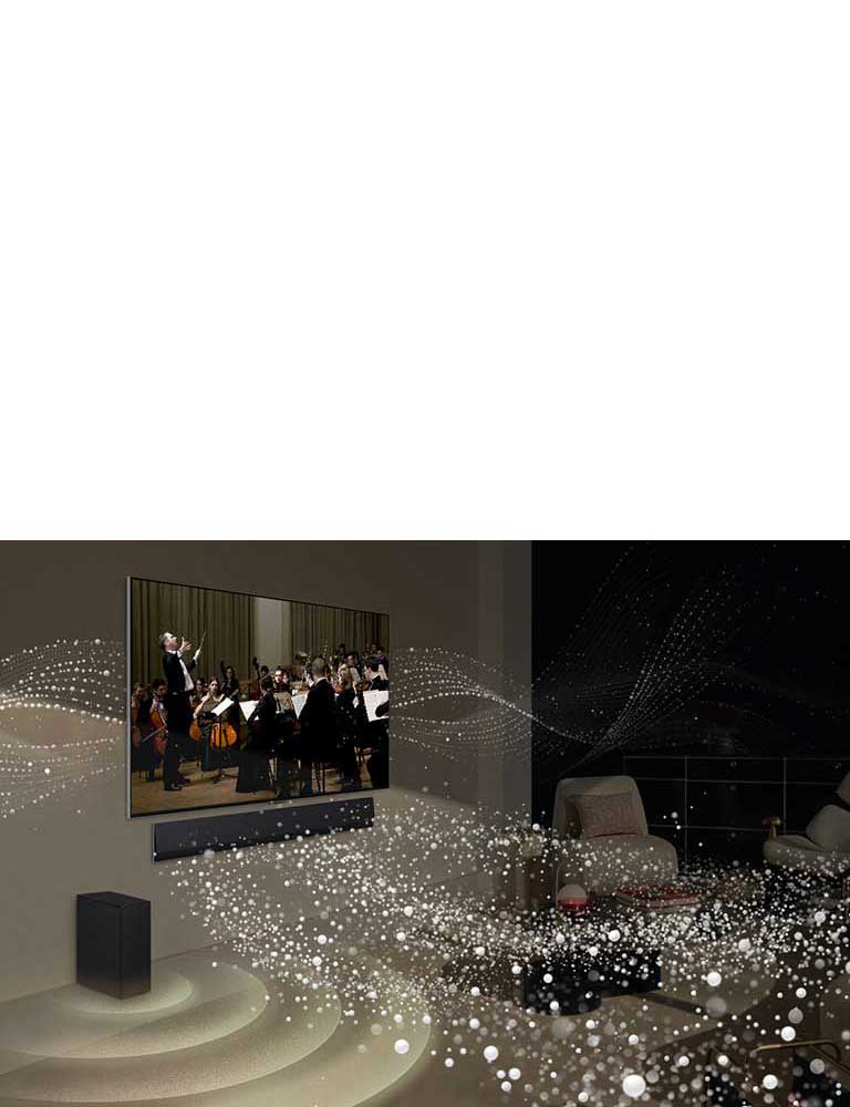 LG OLED TV und Soundbar an einer Wand montiert, mit einer weissen Wi-Fi-Symbolgrafik in der Mitte.