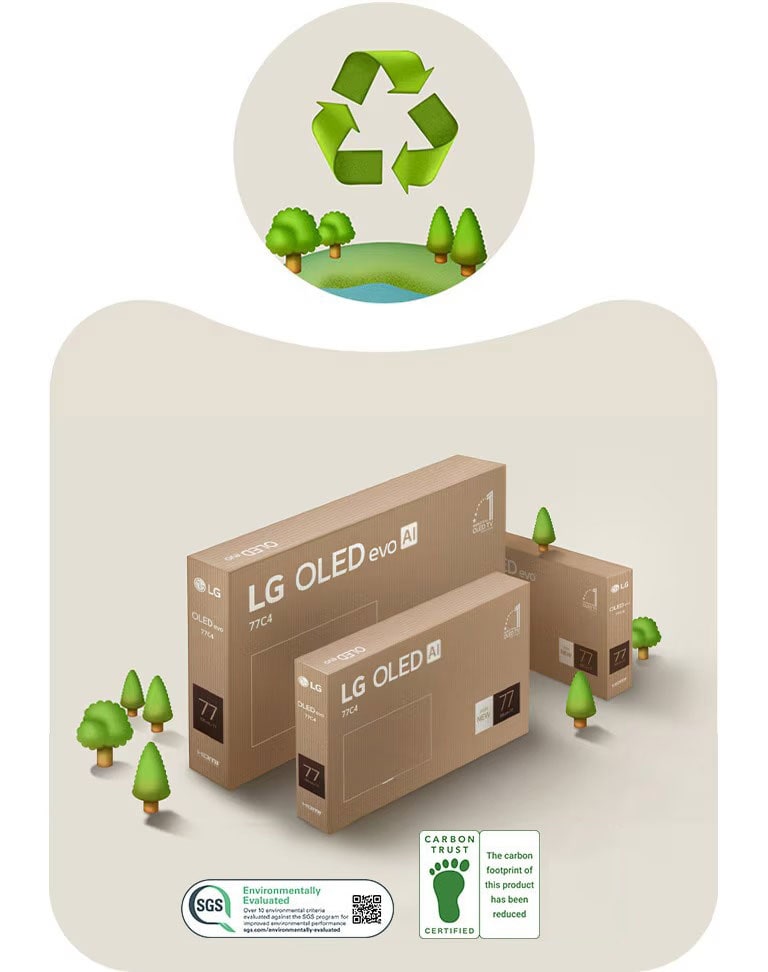 LG OLED-Verpackung vor einem beigen Hintergrund mit illustrierten B?umen.