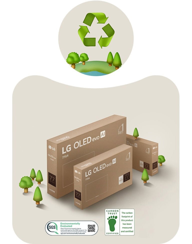 LG OLED-Verpackung vor einem beigen Hintergrund mit illustrierten B?umen.	