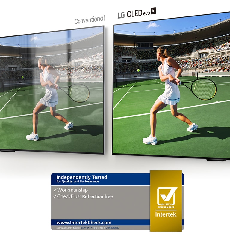 Links ein herk?mmliches TV, das einen Tennisspieler in einem Stadion mit Raumspiegelung auf dem Bildschirm zeigt. Auf der rechten Seite zeigt der LG OLED evo AI G4 das gleiche Bild eines Tennisspielers in einem Stadion ohne Raumreflexion, und das Bild wirkt heller und farbiger.