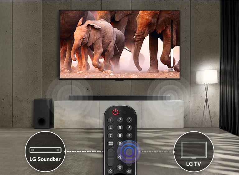 Auf einem Fernseher in einem Raum mit dezentem Licht sind Elefanten zu sehen. Die Klangausgabe der unter dem Fernseher stehenden Soundbar wird optisch dargestellt. Am unteren Bildrand sehen wir eine TV-Fernbedienung. Die kreisf?rmigen Symbole von LG Soundbar und LG TV, die sich links und rechts von der Fernbedienung befinden, sind über eine gestrichelte Linie mit dieser verbunden.