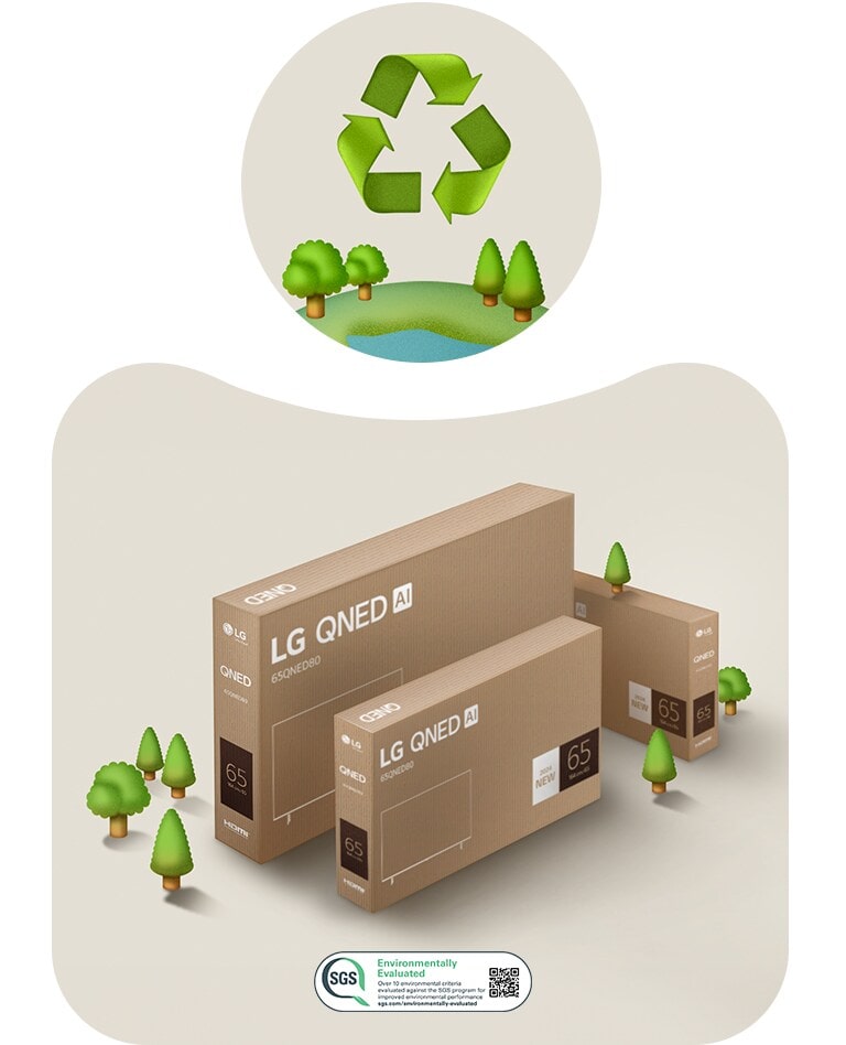 LG QNED Verpackung vor einem beigen Hintergrund mit illustrierten B?umen.