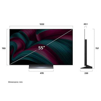 Frontansicht und Seitenansicht des LG OLED evo AI C5 4K Smart TV mit den Abmessungen der L?nge, Breite, H?he und Tiefe.