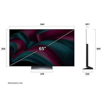 Frontansicht und Seitenansicht des LG OLED evo AI C5 4K Smart TV mit den Abmessungen der L?nge, Breite, H?he und Tiefe.