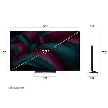 Frontansicht und Seitenansicht des LG OLED evo AI C5 4K Smart TV mit den Abmessungen der L?nge, Breite, H?he und Tiefe.