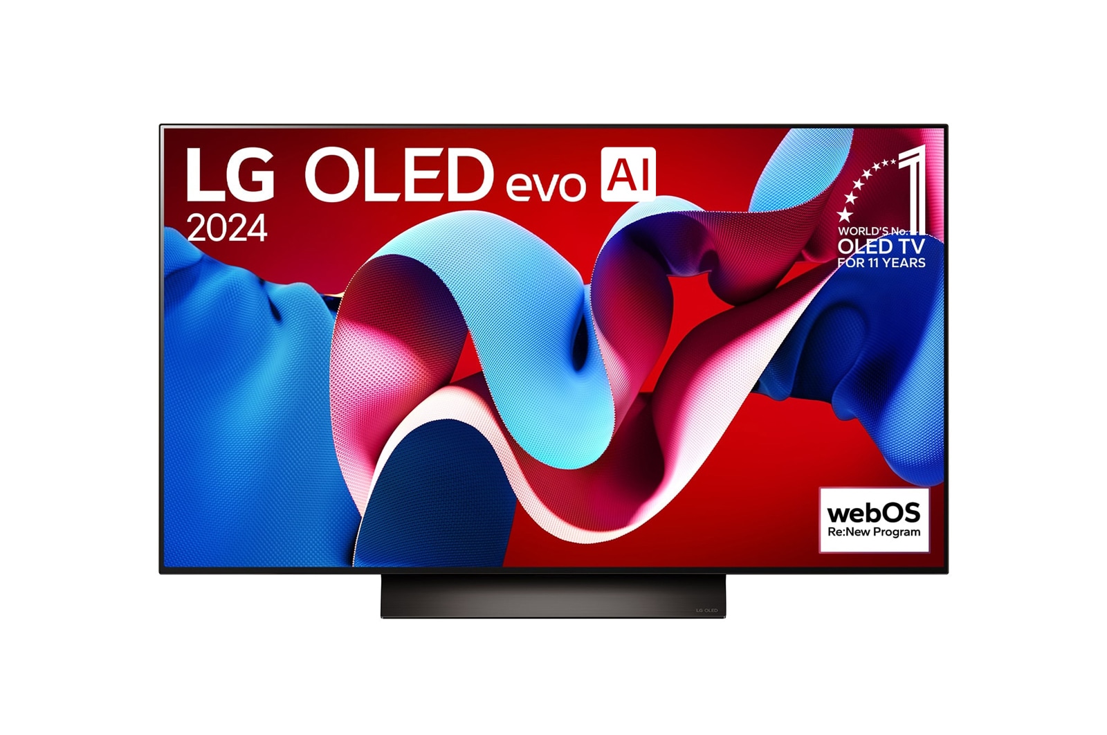 Vorderansicht mit LG OLED evo TV und OLED C4, Emblem 11?Years of number 1 OLED und Logo von webOS Re:New Program am Bildschirm