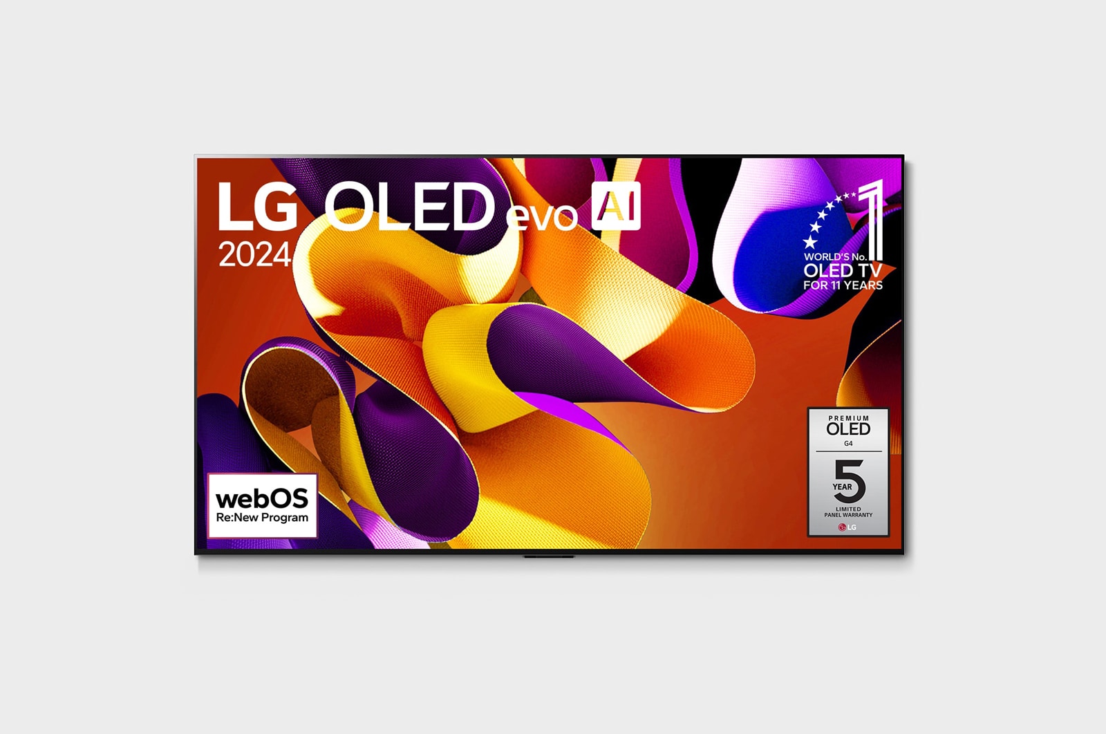 Vorderansicht mit LG OLED evo AI TV, OLED G4, 11?Jahre Weltmarktführer OLED-Emblem, Logo von webOS Re:New Program und 5-Jahres-Paneelgarantie-Logo auf dem Bildschirm