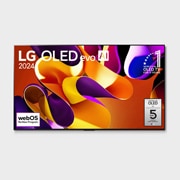Vorderansicht mit LG OLED evo AI TV, OLED G4, 11?Jahre Weltmarktführer OLED-Emblem, Logo von webOS Re:New Program und 5-Jahres-Paneelgarantie-Logo auf dem Bildschirm