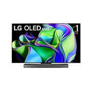Vorderansicht mit dem LG OLED evo ?11 Years World No.1“-OLED-Logo und Logo für 5 Jahre Garantie auf das Display auf dem Bildschirm