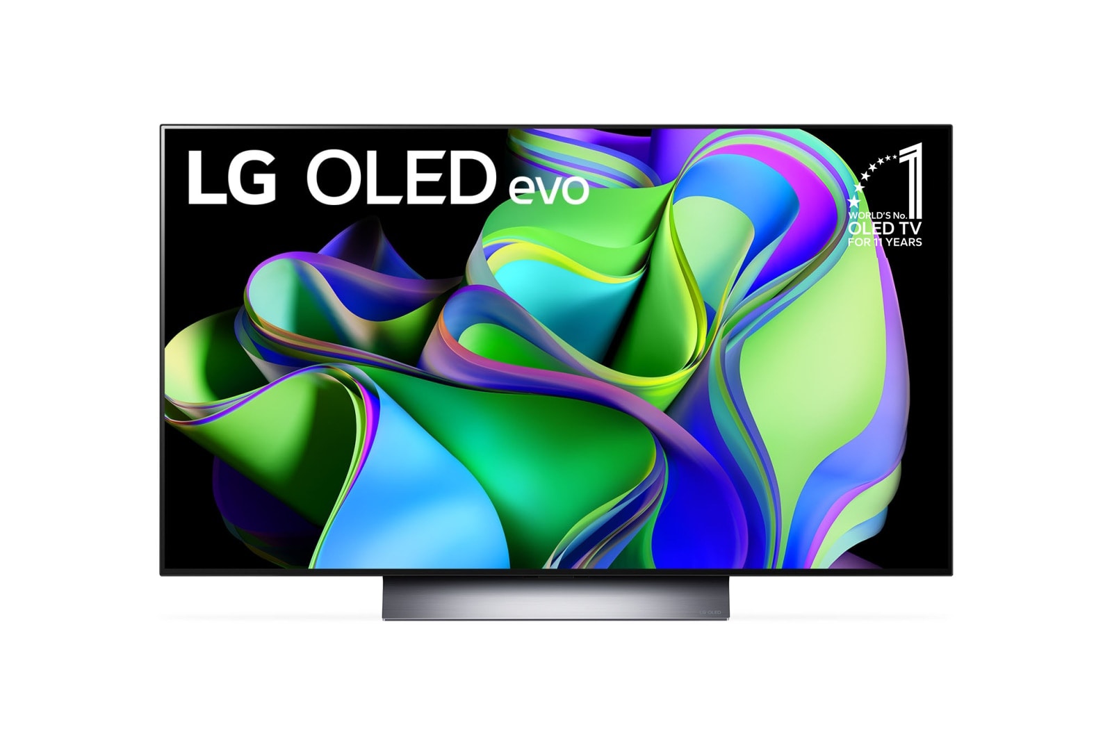 Vorderansicht mit dem LG OLED evo ?11 Years World No.1“-OLED-Logo und Logo für 5 Jahre Garantie auf das Display auf dem Bildschirm