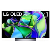 Vorderansicht mit dem LG OLED evo ?11 Years World No.1“-OLED-Logo und Logo für 5 Jahre Garantie auf das Display auf dem Bildschirm