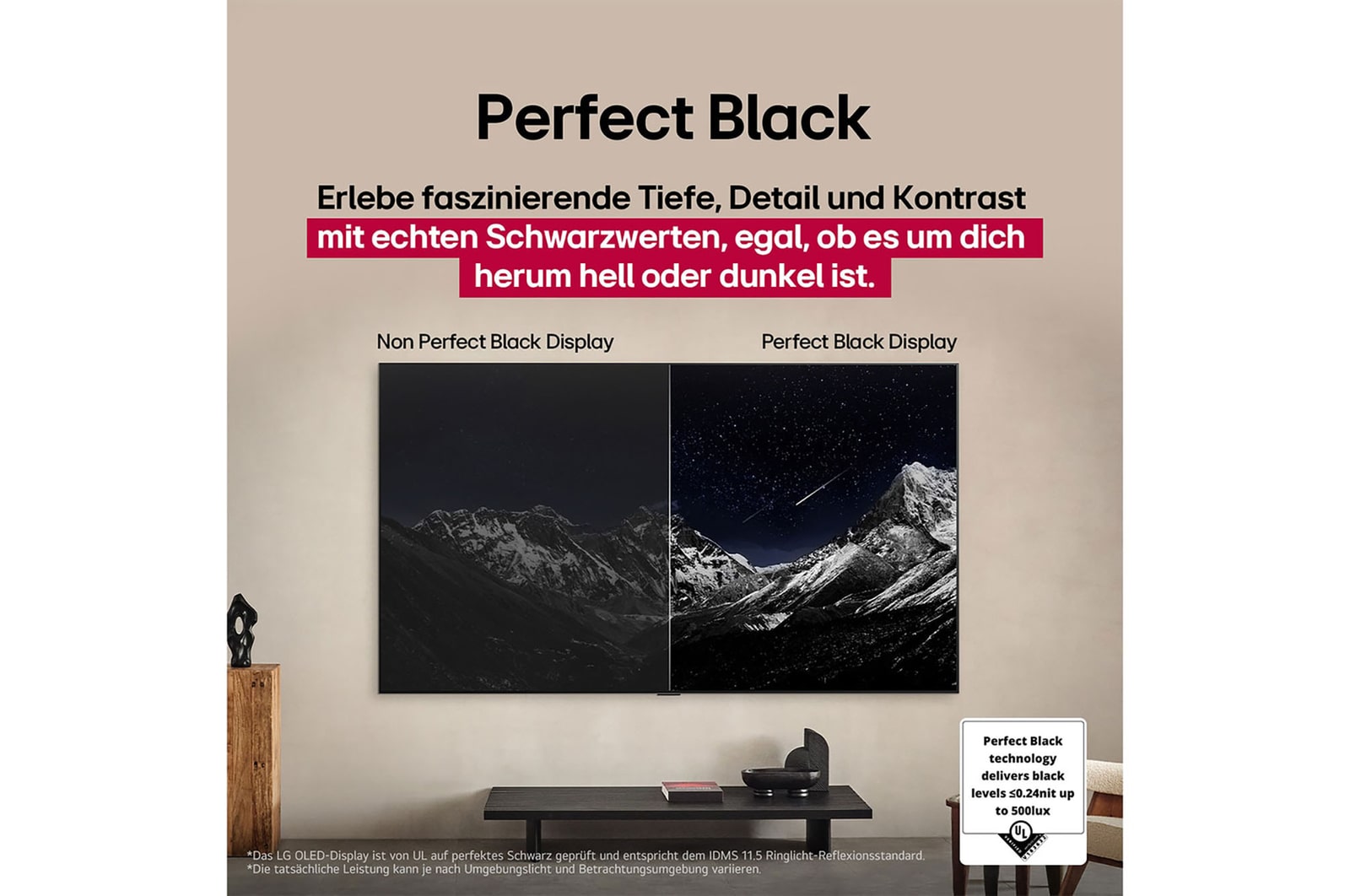 Ein Space Shuttle, die vom Boden aus startet. Die Szene ist in der Mitte geteilt, wobei die eine H?lfte etwas dunkler und düsterer ist. Die andere H?lfte zeigt, dass die Raketenexplosion bemerkenswert hell ist und demonstriert, wie hell Bilder auf einem LG OLED-Fernsehbildschirm mit der Light Control Architecture und dem Brightness Booster Ultimate sein k?nnen.