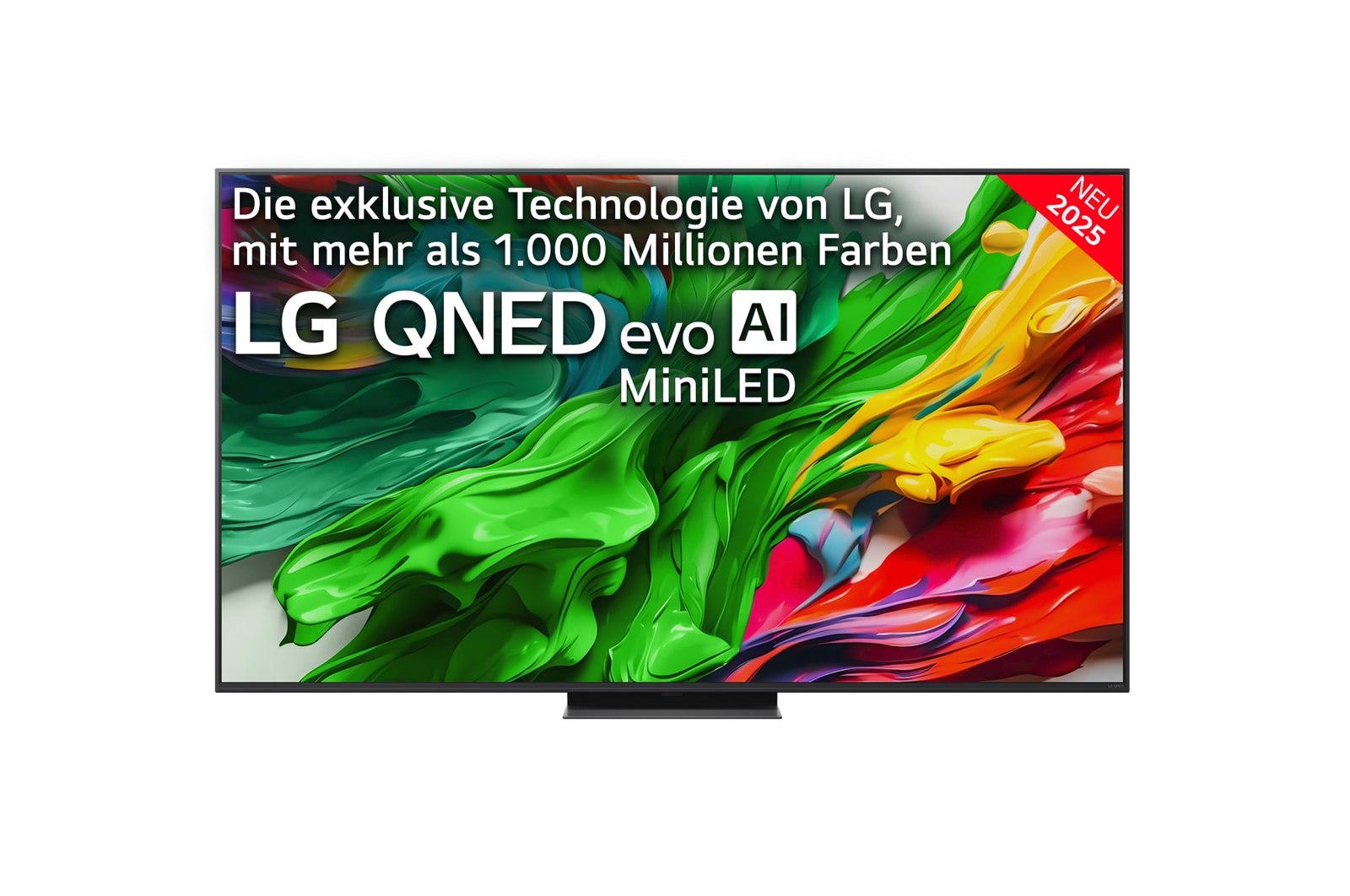 Frontansicht des LG QNED evo QNED86 TV, LG QNED evo Al Logo in der oberen Ecke. LG QNED evo QNED85 TV zeigt farbenfrohe, malerische Texturen, die zusammenkommen.