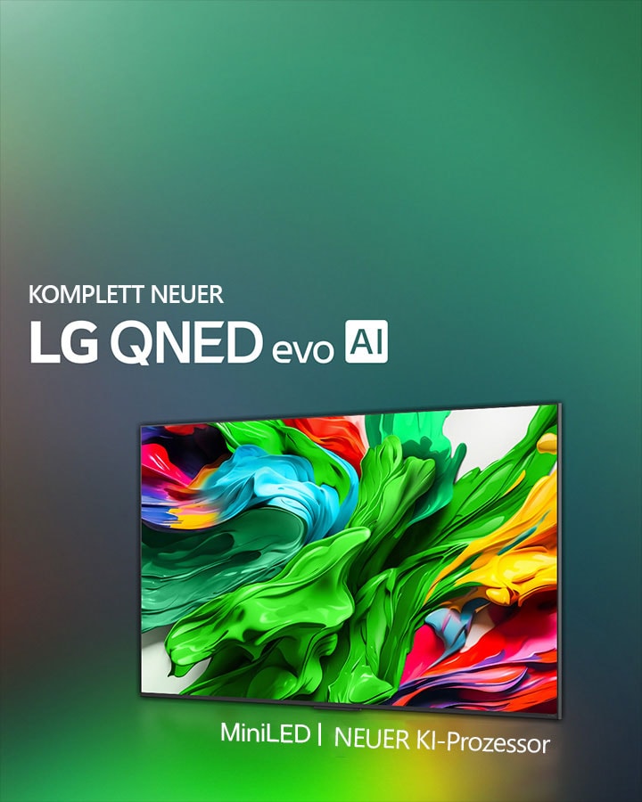 LG QNED TV vor einem farbenfrohen dunklen Hintergrund. Auf dem Bildschirm ist ein helles und farbenfrohes Kunstwerk zu sehen, das die QNED-Farbtechnologie und die F?higkeit zur Darstellung eines breiten Spektrums von Farbt?nen mit gro?em Kontrast zeigt. Das brandneue Logo LG QNED evo AI ist zu sehen. Mit Untertiteln, die QNED MiniLED und den neuen alpha KI-Prozessor vorstellen. Titel lautet ?Jede Farbe neu definiert, neue Erfahrung beginnt.“