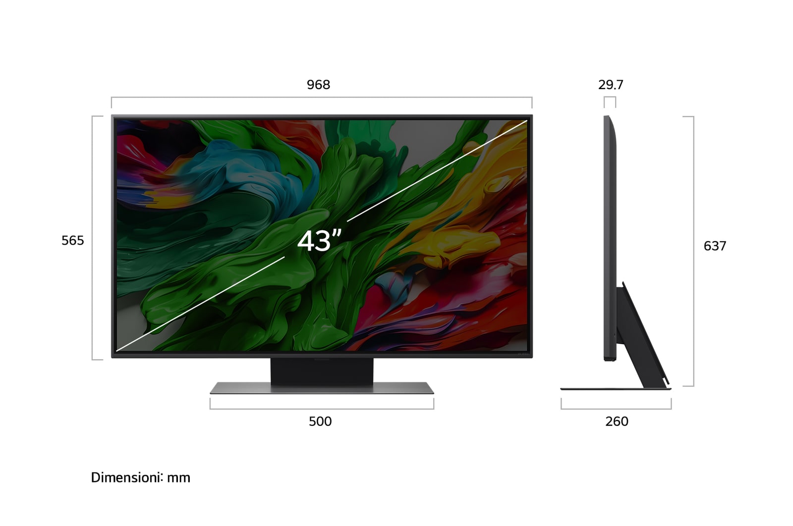 Frontansicht und Seitenansicht des LG QNED evo AI QNED85 4K Smart TV mit den Abmessungen L?nge, Breite, H?he und Tiefe.
